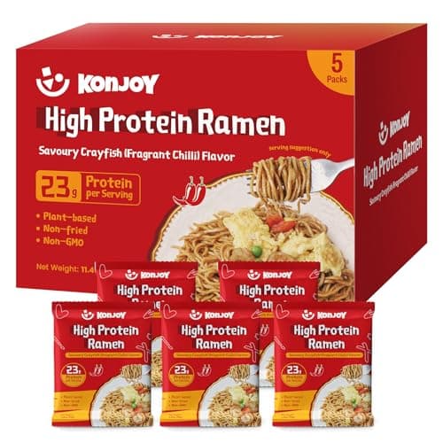 KONJOY Protein Ramen Noodles, Plant-Based High Protein(23g) Ramen Noodles Tossed with Savory Crayfish Chili Sauce, Non Fried, Low Fat, Vegan Healthy Meal, 5 Pack