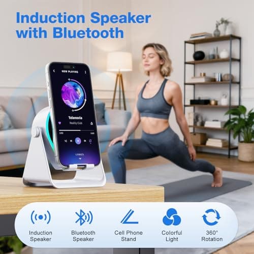 TARKARI Wireless Induction Speaker, 5 in 1 Bluetooth Speaker, 360° Rotation Cell Phone Stand and Colorful Ambient Light, Compatible with iPhone iPad Android Tablet, Birthday Gifts for Men Women Him - Thumbnail 2