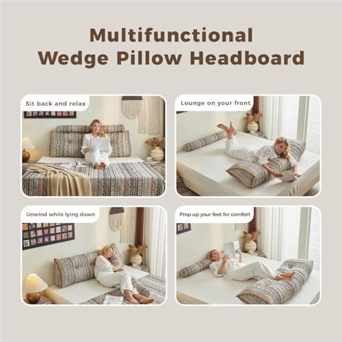 ZERALIVEN Boho Headboard Pillow for Full, Large Triangular Wedge Pillow for Headboard Gap, Daybed for Sitting Up in Bed, Couch or Sofa with Removable Washable Cover and Side Pockets, Amber Elegance - Thumbnail 6