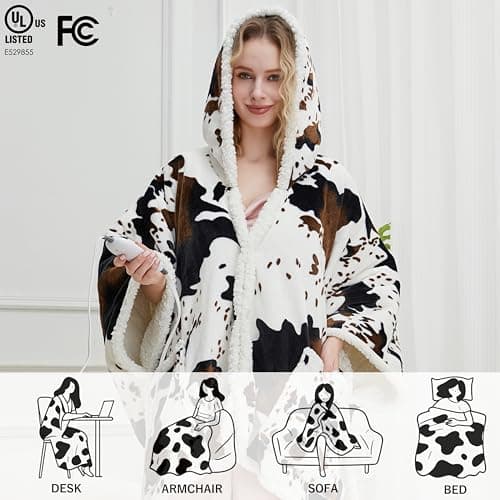 Heated Electric Blanket Shawl Cow Print Wearable Heated Blanket with Hood & Pocket, Winter Gifts for Adults, Soft Heating Blanket Throw with 4 Heat Levels & Auto Shut-Off, Cow Print, 50" x 64" - Thumbnail 3