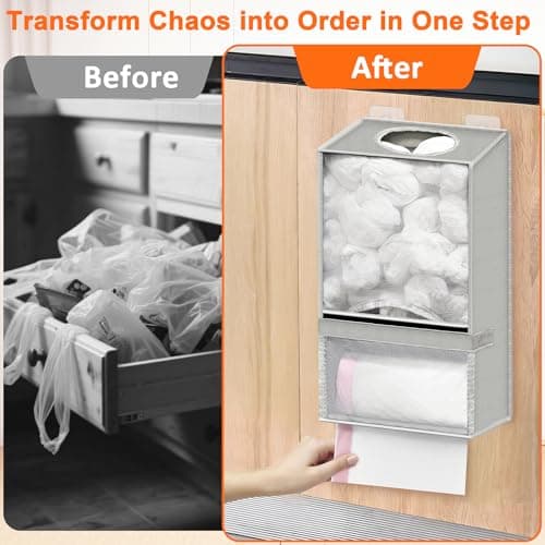 Spaclear Wall Mount Plastic Bag Holder - Large Oxford Cloth Grocery Bag Holder, 2-in-1 Plastic Bags Organizer with Trash Roll Dispenser for Home Kitchen Closet Cabinets Sink, Gray - Thumbnail 5