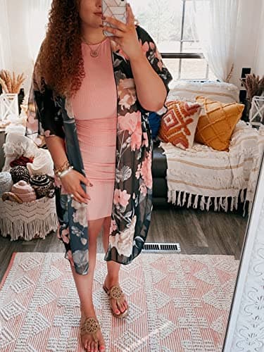 Women's Tropical Floral Boho Beach Long Swimsuit Kimono Cover Ups Summer Chiffon Cardigans Dusters Hawaiian Maternity Tops Sheer Thin Black Small - Thumbnail 3