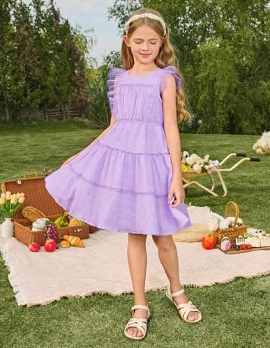 GRACE KARIN Girls Sleeveless Summer Dress, Ruffle Tiered Easter Spring Party Dresses for Little Kids Size 7,Lilac Purple - Thumbnail 3