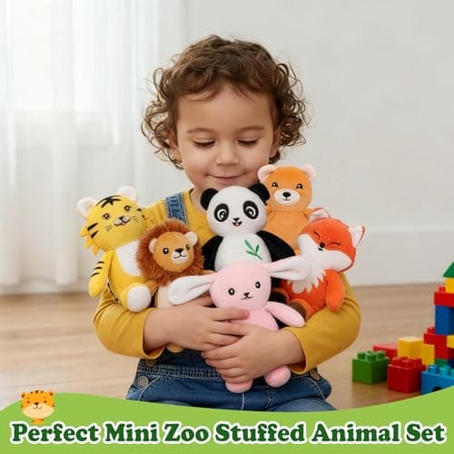 Zoo Stuffed Animals Toys Set - 6 pces Jungle Safari Animals Interactive Adopt Toy Plushies for Kids Toddlers Boy 5 Inch Mini Plush Panda Tiger Lion Bear Forest Animal Birthday Gift - Thumbnail 4