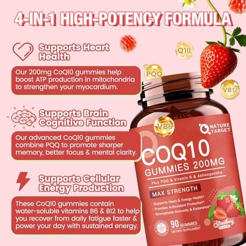 NATURE TARGET CoQ10 Gummies 200mg – High Absorption Coenzyme Q10 Supplements for Heart, Energy & Antioxidant with PQQ，Zinc & Ashwagandha, Strawberry Flavor, 90 Count - Thumbnail 4