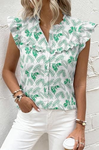 dowerme Womens Spring Tops 2026 Cute Ruffle Cap Sleeve V Neck Floral Boho Blouses Button Down Work Shirts Summer Outfits(Floral White Green,Small) - Thumbnail 2
