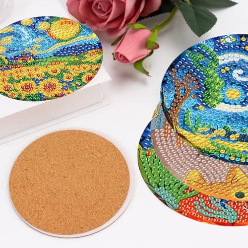 8 Pcs Diamond Art Coasters Kit with Holder, DIY Famous-Painting Diamond Painting Coasters for Beginners Adults, Non Slip Diamond Art Kits Craft Supplies 4x4inch - Thumbnail 3