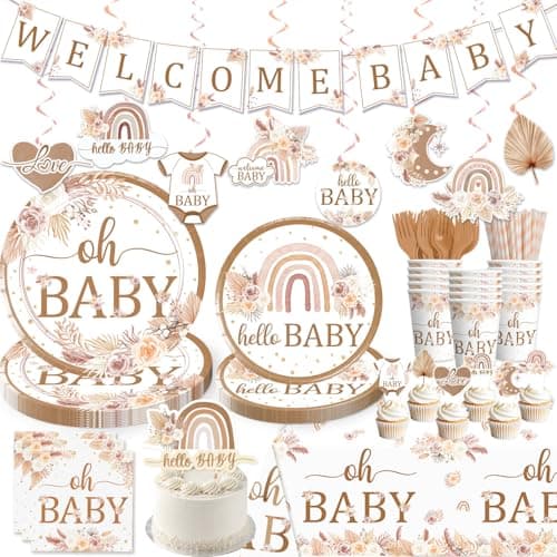 Yingoto 156pcs Boho Baby Shower Decorations Tableware Set, All-in-one Rainbow Decorations with Boho Plates, Napkins, Cups, Banner, Cake Topper, A Little Ray of Sunshine Baby Shower Decor for Girl - Image 1