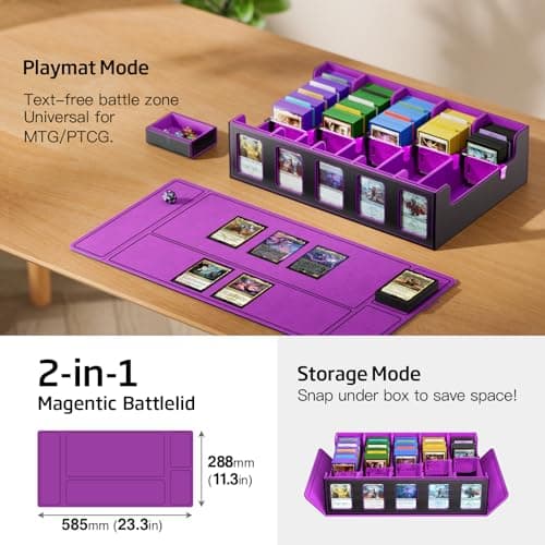 MORCCO Trading Card Storage Box 5-Row 3900+ Capacity,TCG MTG Card Case with Magnetic Lid & Commander Display,Top Loader Storage for Sports Cards,Includes Dividers Dice Box（Black Purple） - Thumbnail 6