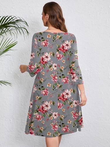 AusLook Women's Plus Midi Dresses Crew Neck A Line 3/4 Sleeves Casual Elegant Loose Flowy Wedding Guest Maternity Vacation Beach Slate Gray Watercolor Bouquet 5X Dress with Pockets - Thumbnail 5