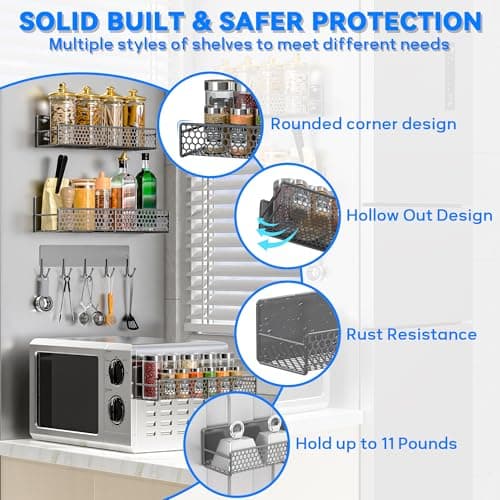 JulktLli 5 Pack Multifunctional Magnetic Shelves for Washing Machine & Refrigerator - Heavy Duty Laundry Room Organization System with Tool Hooks, Metal Storage Baskets (Grey) - Thumbnail 4
