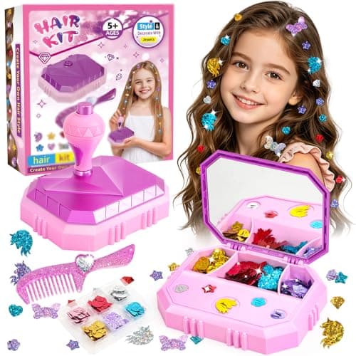 Hair Gem Stamper Kit – Hair Jewelry & Bling Craft Toys for Girls – Sparkling Hair Accessories with Glitter Sequins – DIY Hair Arts Crafts – Birthday Gifts for 5 6 7 8 9 10 11 12 Year Old (Pink)