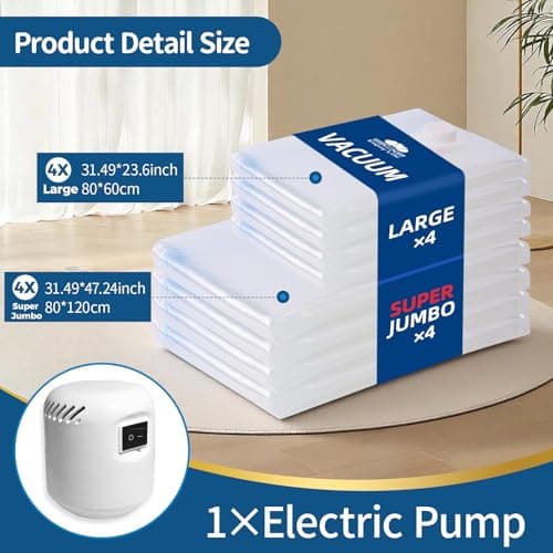 ZoeEnjoyLife, Vacuum Storage Bags with Electric Pump, 8 Pack (4 Large and 4 Super Jumbo), Heavy Duty Reusable PA+PE Space Saver Bags for Bedding, Comforters, Blankets, Clothes, Home and Travel Storage - Thumbnail 3