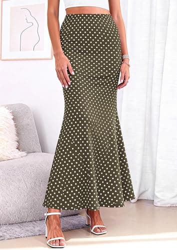 PRETTYGARDEN Women's Maxi Skirt 2026 Summer Flowy Polka Dot Floral High Waisted Mermaid Office Work Spring Long Slip Skirts (Dot Army Green White,X-Small) - Thumbnail 4