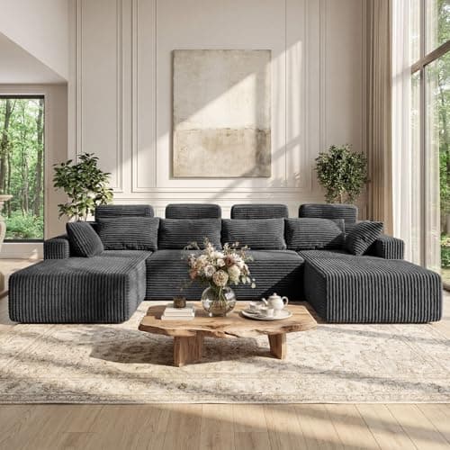 Boneless Couches for Living Room - 134" Modular Sectional Sofa U Shaped Oversized Deep Seat High Back Corduroy No Assembly Modern Cloud Big Comfy Floor Couches (Grey) - Thumbnail 3