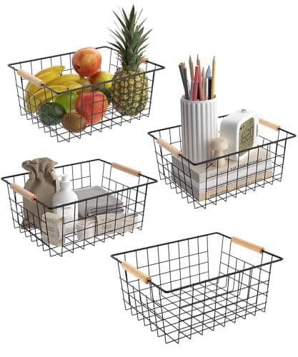 Wire Basket with Wooden Handle, Metal Utility Storage Basket for Organizing Kitchen Pantry Cabinets, Closet and Garage Shelves Drawers, Office Metal Basket Storage Organizer with Handle (Black 4 Pack) - Image 1
