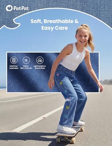 PATPAT Girls Baggy Wide Leg Jeans 5-14Y, Elastic Mid-Wasit Denim Pants with Checkerboard/Butterfly Embroidery for Kids Teens - Thumbnail 4