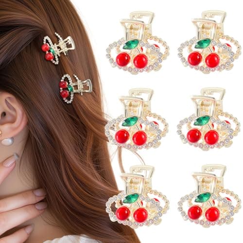 6PCS Rhinestones Cherry Small Hair Clips-Mini Claw Clips for Women, Metal Springs, Cute Hair Accessories for Updo and Half Up Styles (Oval Cherry)