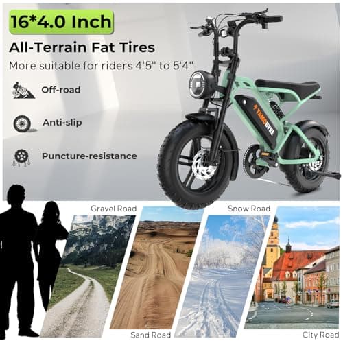 Tamobyke T16 Electric Bike for Teens & Childs, 1000W Motor 48V15.6Ah Removable Battery, 30MPH Off-Road Electric Bicycle,16"Fat Tire Ebike for Kids, 7-Speed,Dual Hydraulic Brakes, Fits Riders 5'0"-5'7" - Thumbnail 3