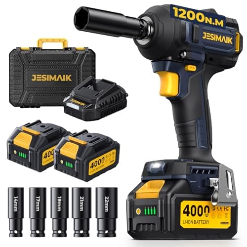 JESIMAIK Cordless Impact Wrench, 900Ft-lbs (1200N.m) 1/2" Brushless Impact Gun, 21V High Torque Impact Gun with 2×4.0Ah Batteries, 4 Variable Speeds, 5 Sockets, Impact Driver for Car/Pickup/Mower - Image 1