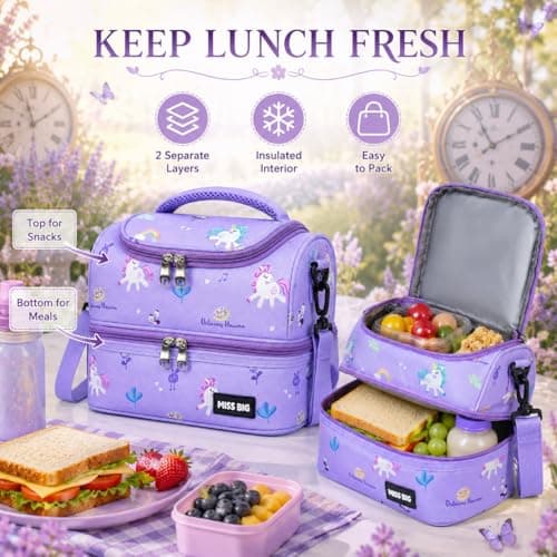 MISS BIG Kids Lunch Bag for Girls, Unicorn Insulated Lunch Bag with Two-Tier Storage, Adjustable Shoulder Strap, Lunch Box Bag for Kids, School, Daycare, Picnic, Travel - Thumbnail 2