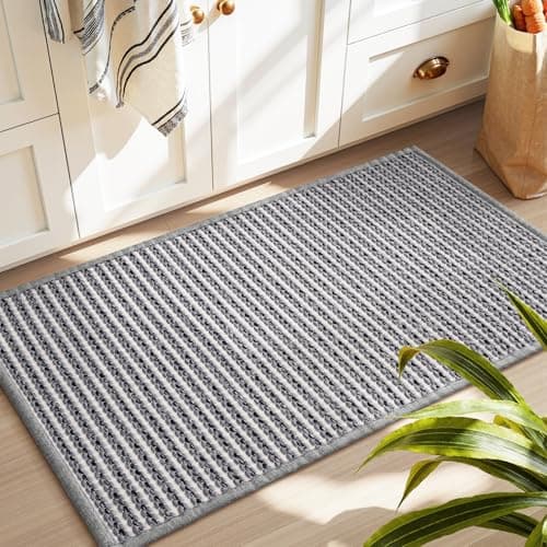 PADOOR Kitchen-Rugs Non Slip Washable, Absorbent Kitchen Mats for Floor, Soft Braided Kitchen-Mat, Farmhouse Kitchen Floor Mat Sink Rugs for Kitchen Floor (Grey and Black, 20"x32") - Image 1