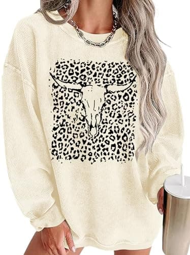 UNIQUEONE Boho Cow Skull Sweatshirt Women:Vintage Western Rodeo Graphic Tee Country Concert Outfits Pullover Tops Apricot - Image 1