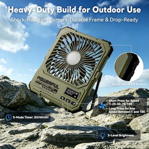 NAOIY Portable Fan, Camping Fan, 20000mAh 6-Inch 18-85H Rechargeable Ultra Thin Foldable with Built-in Power Bank, LED Light, Remote Control, Hook for Outdoor Camping Tent RV Travel (Khaki) - Thumbnail 6