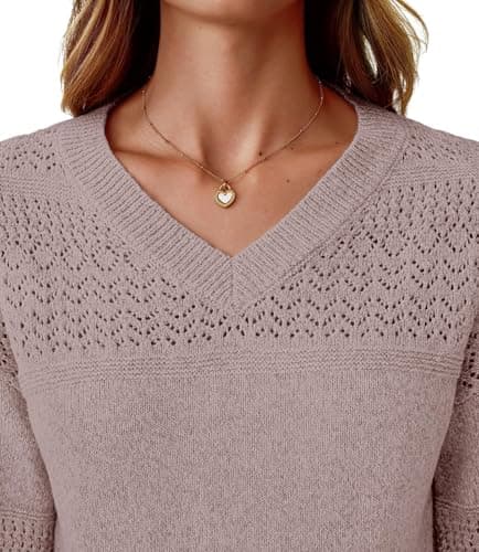 NORACORA Womens Fall Sweaters 2025 V Neck Casual Long Sleeve Ribbed Knit Oversized Pullover Lightweight Crochet Loose Sweater Tops Pink - Thumbnail 5
