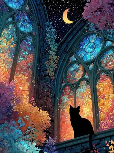 Teemosreal Puzzles for Adults 1000 Pieces, Stained Glass Cat Fantasy Night Moon Scene, Challenging Puzzle Game with Poster, Matte Finish, Interlock Perfectly Frameable Wall Decor Gift - Image 1