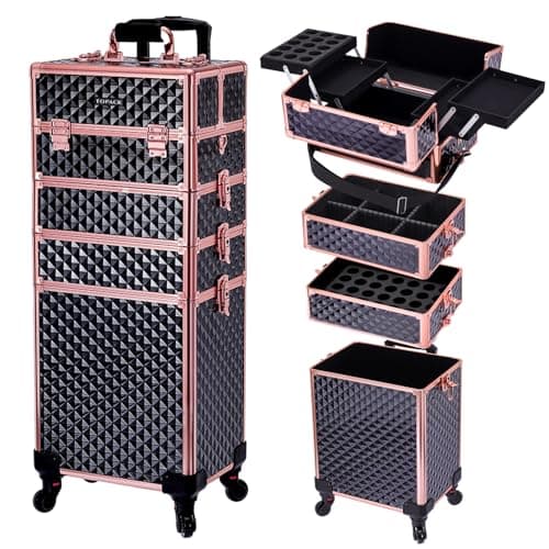 TOPACK Professional 4-In-1 Rolling Makeup Train Case, Large Makeup Travel Case with Key Shoulder Strap/Handle Cushion I Makeup Train Case I Makeup Nail Cart I Cosmetology Case on Wheels(Black Glod) - Image 1