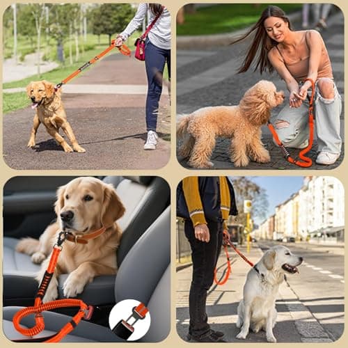 Heavy Duty Tactical Dog Leash, 4-6FT Shock Absorbing Bungee Leash with 2 Padded Handles, Metal Carabiner Clip, Car Seatbelt, Reflective leashes for Large Breed Dogs Medium Dog (Orange) - Thumbnail 6