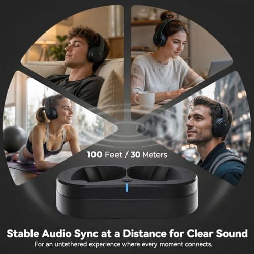 Wireless Headphones for TV Watching, TV Headphones Wireless for Seniors with Versatile Transmitter Charging Dock, Instant Audio Sync, 60-Hour Playtime, Perfect for Parents & Seniors, Black - Thumbnail 6