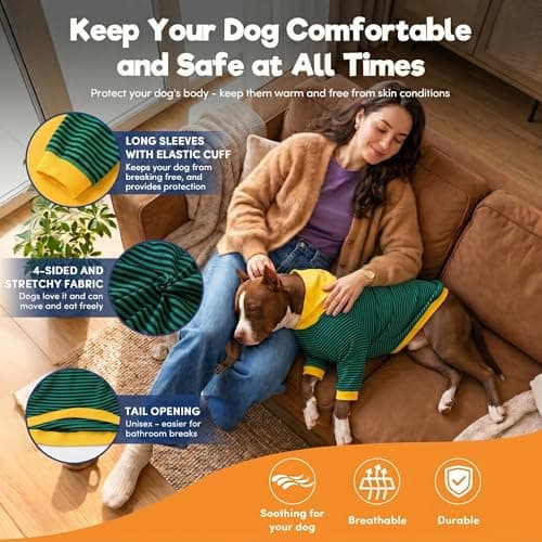 LovinPet Large Dog Pajamas, Cotton Green Stripe Dog Shirt, Pet Pajamas for Dogs, Onesies for Dogs, Stop Shedding for Dogs, Pitbull Shirt, Pet PJ's, XL - Thumbnail 5