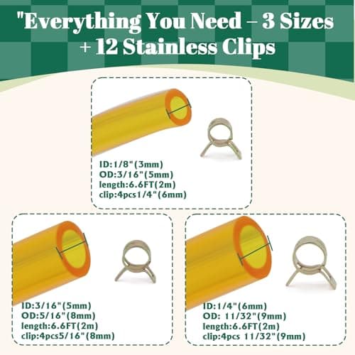 SSFOLPFEE Premium TPU Fuel Line Kit 3 Sizes (3mm ID/5mm OD, 5mm ID/8mm OD, 6mm ID/9mm OD), 6.6ft Each, with 12 Steel Clamps, Universal Gas Diesel Fuel Hose for Lawn Mower Chainsaw Small Engines - Thumbnail 2