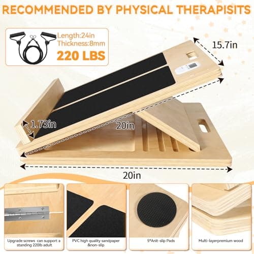 15.7x20 Inches Anti-Slip Slant Boards for Exercise, Adjustable Wooden Slant Board for Calf Stretching with Stretch Strap, for Leg, Knees, Heel, Ankle,Stretching, Plantar Fasciitis (220 LBS Capacity) - Thumbnail 6