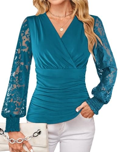 GRACE KARIN Womens Tops Dressy Casual, Elegant Lace Sleeve Shirts Wrap Ruched Blouses, 2026 Fall Outfits Blue Green M - Image 1
