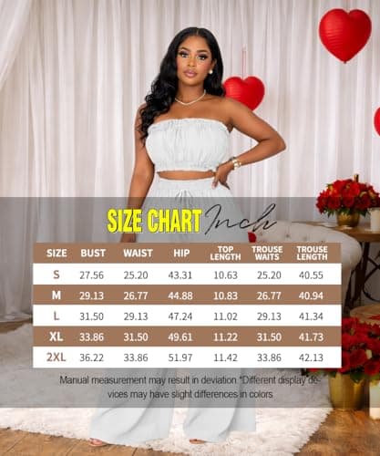ABKY Two Piece Sets for Women Going Out Summer Off Shoulder Tube Top Palazzo Pants Set Vacation Birthday Party Date Night Outfits White 2XL - Thumbnail 6