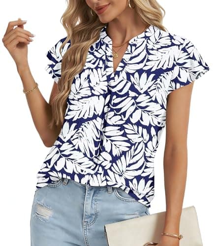 AUSELILY Blouses for Women Dressy Casual V Neck Womens Summer Tops Short Sleeve Blouses 2026 New Leaf Navy Blue 2XL - Image 1