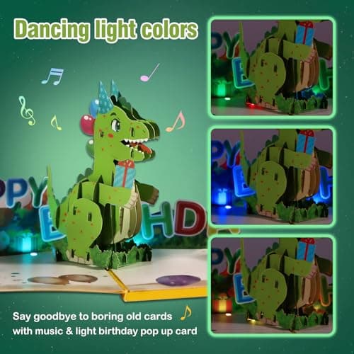 FaCraft Dinosaur Musical Birthday Cards for Kids - Music & Light 3D T-Rex - Thumbnail 2