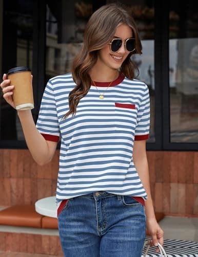 Aprolive Striped Shirt Women Short Sleeve Sweater with Chest Pocket Color Block Crewneck Tshirts for Spring Summer Casual Layering(11-Blue Striped Red,X-Large) - Thumbnail 5