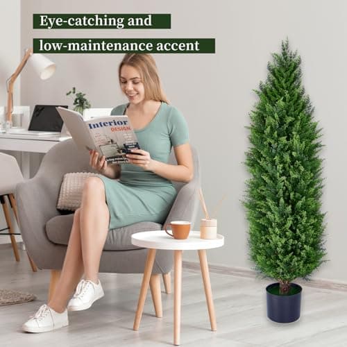 Artificial Cedar Topiary Trees, Set of 2 Lifelike Faux Pruned Cypress with Heavy-Duty Planters – UV-Resistant Outdoor Artificial Shrubs for Indoor/Outdoor Decor (40 Inches) - Thumbnail 2