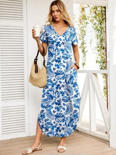 ANRABESS Womens Summer Maxi Dresses 2026 Casual Short Sleeve V Neck Loose Split Long Beach Sundress Travel Vacation Clothes Blue Leaf Printed Small - Thumbnail 6