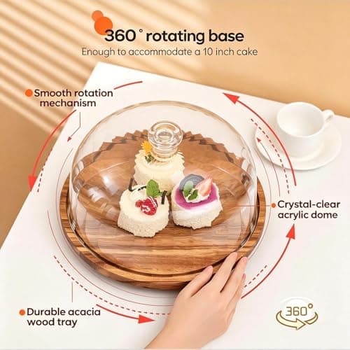 cutesun Cake Stand with Lid, 10.8'' Shatterproof Acrylic Dome (Not Glass), 11.8'' Rotating Acacia Wood Cake Display Stand for Wedding Birthday Party Dessert - Thumbnail 5