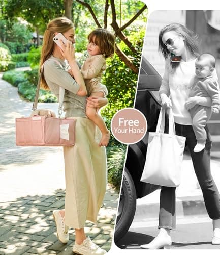 VKSAO Pink Diaper Caddy Organizer – Portable Storage Basket with Shoulder Strap & Stroller Hooks, Splashproof Quilted Nursery & Car Tote for Baby Girl Shower Gift, Baby Registry, Blush Pink - Thumbnail 2