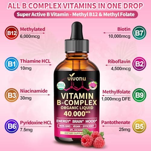 VivoNu Vitamin B Complex Liquid Drops, Methylated Vitamin B12 6000 mcg, B1, B6, B3, B5, B2, Folate, Biotin, Magnesium, Zinc, CoQ10 for Metabolism* & Energy Support, Raspberry Flavor - 2 Bottle - Thumbnail 3