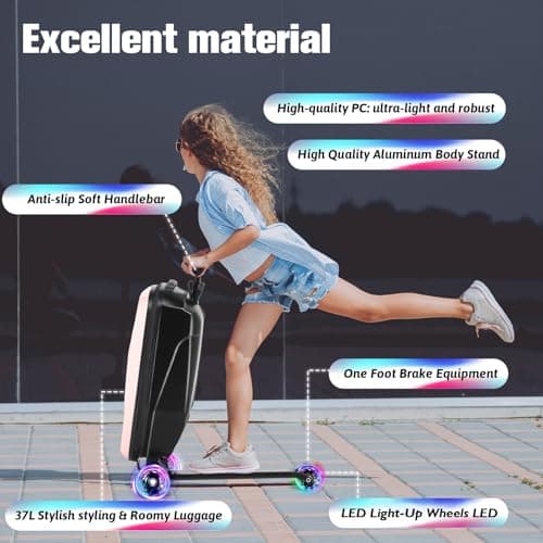 Scooter Luggage For Kids & Adults， Hardside Ride On Suitcase For Kids Ages 4-15 Multifunctional Lightweight Foldable Carry On Luggage With Wheels Ride On For Children Teenagers (Light Pink, 20") - Thumbnail 5