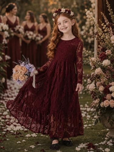 ALLOVIN Toddler & Girls Long Sleeve Lace Flower Girl Dress Maxi Boho A-Line Dress for Wedding Baptism 1st Communion | Burgundy | 6-7Y - Thumbnail 2
