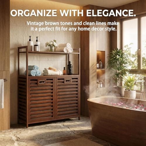 Baveke Bamboo Tilt Out Laundry Hamper with 2 Tier Shelves, Hidden Laundry Hampers with 2 Removable Bags, Pull Out Laundry Hamper Cabinet, Bathroom Storage Shelf for Laundry Room, FSC-Certified, Brown - Thumbnail 4