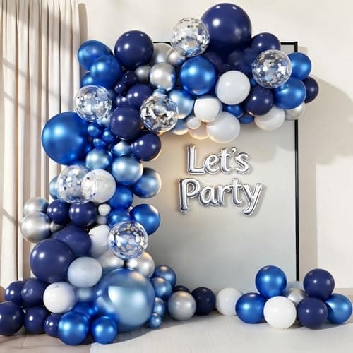 Blue White Silver Balloon Garland Arch Kit, 143Pcs Navy Light Metallic Blue Silver White Confetti Balloons for Birthday Party Wedding Birdal Shower Graduation Decorations